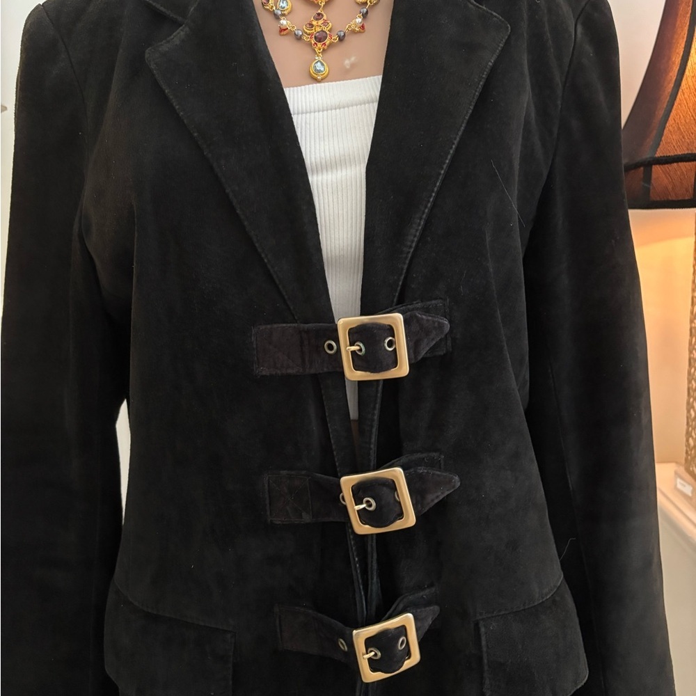 Danier Women's Suede Leather Black Blazer with Triple Buckle Detail - Picture 4 of 13